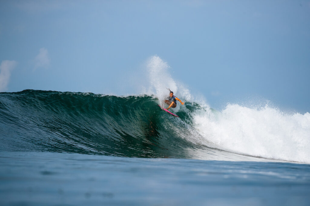 PUNTA ROCA, LA LIBERTAD, EL SALVADOR - JUNE 11: Johanne Defay of France surfs in Heat 3 of the Elimination Round at the Surf City El Salvador Pro on June 11, 2023 at Punta Roca, La Libertad, El Salvador. (Photo by Aaron Hughes/World Surf League)