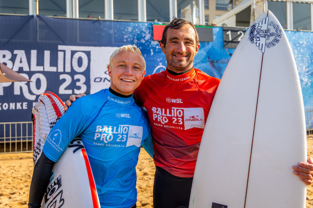 BALLITO, KWAZULU-NATAL, SOUTH AFRICA - JULY 6: Daniel Emslie and Joan Duru after surfing in Heat 5 of the Round of 16 at the Ballito Pro on July 6, 2023 at Ballito, Kwazulu-Natal, South Africa. (Photo by Pierre Tostee/World Surf League)