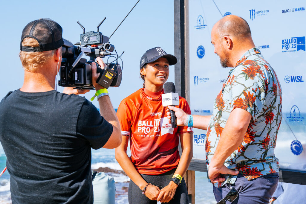 BALLITO, KWAZULU-NATAL, SOUTH AFRICA - JULY 6: Vahine Fierro of France after surfing in Heat 2 of the Round of 16 at the Ballito Pro on July 6, 2023 at Ballito, Kwazulu-Natal, South Africa. (Photo by Kody McGregor/World Surf League)